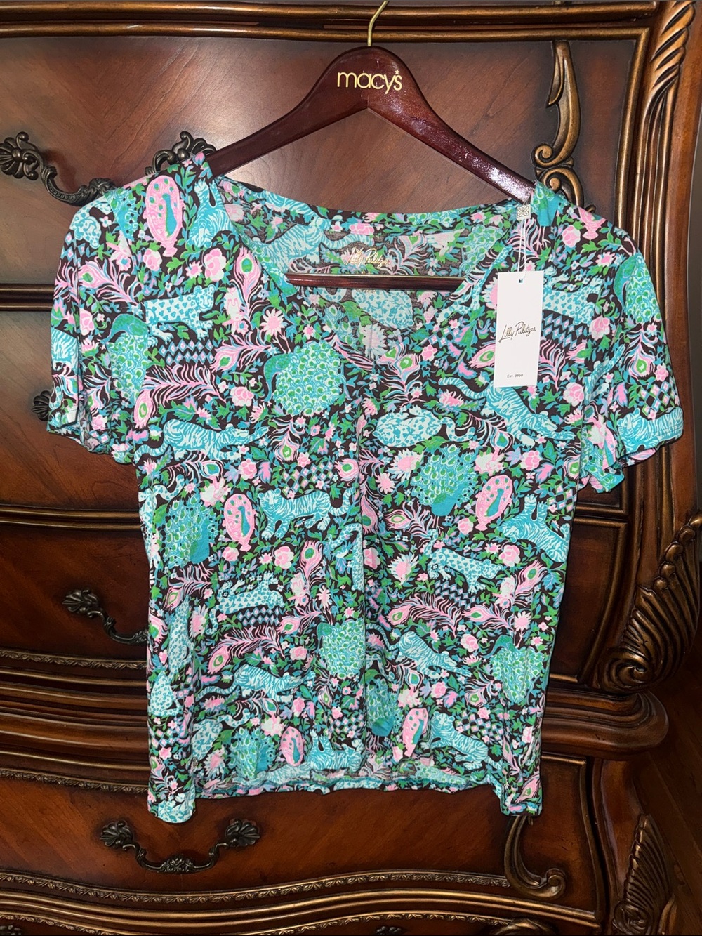Lilly Pulitzer Turquoise Green Pink Floral Short Sleeve Tee